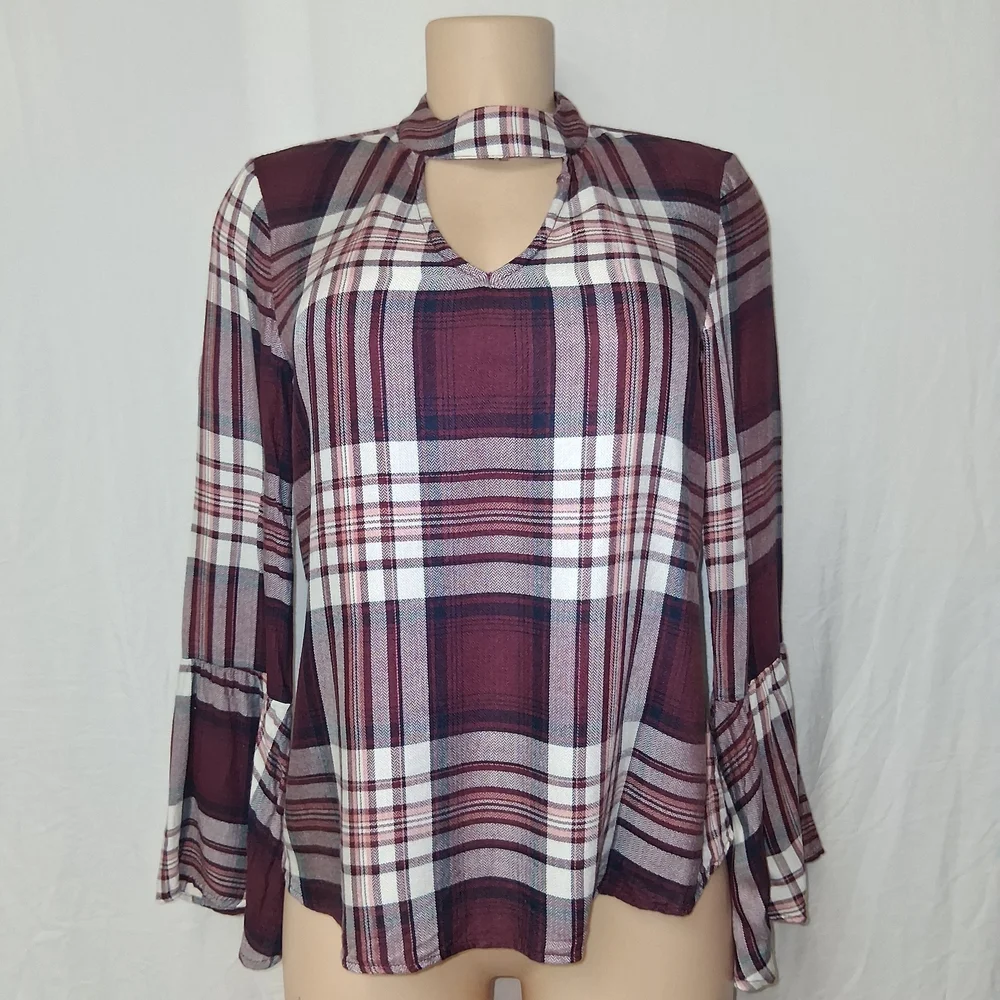 American Rag Cie Plainbell Vtg Burgundy Plaid Choker Blouse.Vtg Boho retro.Casua - Picture 2 of 16